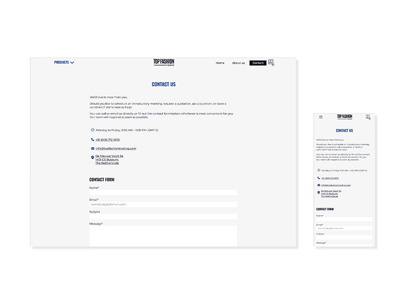 Responsive webdesign en development voor Top Fashion Trading contactpagina.